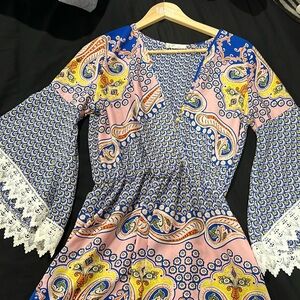 Miin Floral Crochet Wide Sleeve Shorts Romper